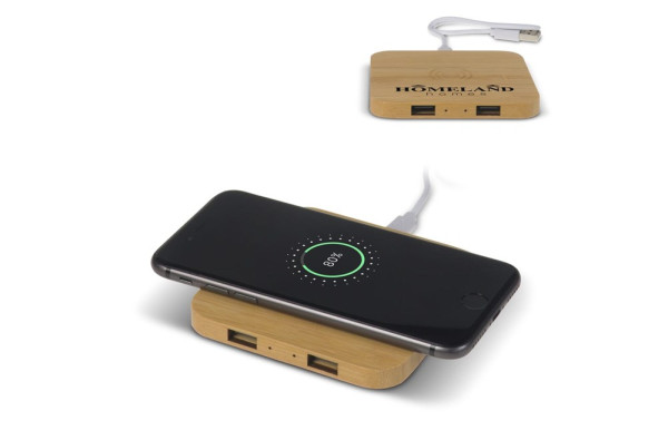 Bamboo Wireless charger with 2 USB hubs 5W